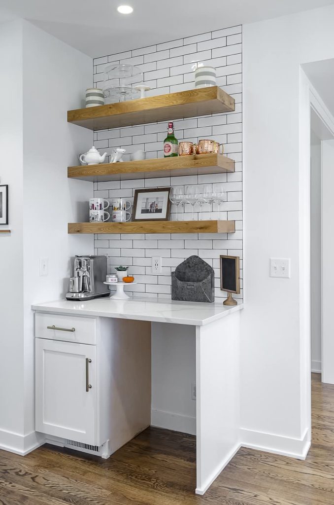 Modern home coffee bar with floating wood shelves