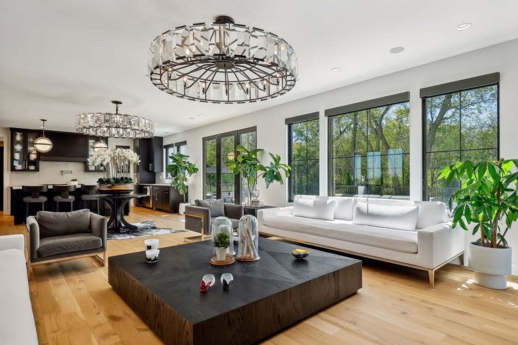 Modern open-concept living room with large windows